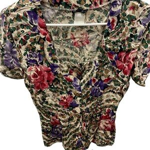 Vintage 80s Floral Top- Rayon-by La Belle Fashions Inc-Size Large